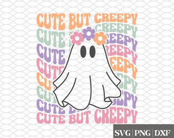 Könnte beinhalten: Ein weißer Geist mit einer Blumenkrone in Pastellfarben. Der Geist ist umgeben vom Text "Cute But Creepy" in einem Regenbogen aus Farben.