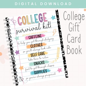 Afdrukbaar College Survival-cadeaubonboek | College-cadeaubon Fotoalbumpagina's | College drop-off cadeau | Overlevingspakket voor college