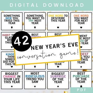 May include: A digital download titled "New Year's Eve Conversation Game!" featuring 42 prompts. The design includes a black circle with the number 42, and various prompts like "Something New You Tried This Year" and "Biggest Change in Your Life This Year."