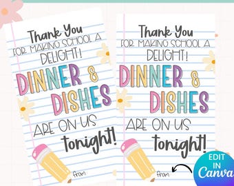 Printable Dinner & Dishes Gift Tag | Teacher Appreciation Week | Back to School | End of the Year | Teacher Thank You | Gift Card Holder