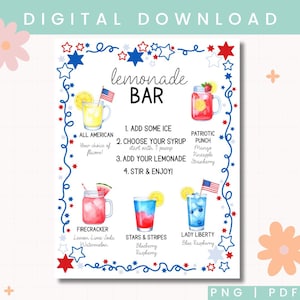 4th of July Lemonade Bar Menu | Patriotic Lemonade Sign Printable | Red White and Sip Drink Menu for Independence Day Party | Lemonade Menu