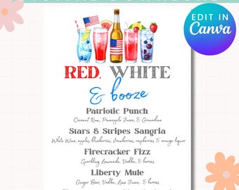 Editable 4th of July Bar Menu | Patriotic Bar Sign Printable | Red White and Booze Drink Menu for Independence Day Party | Bar Drink Menu