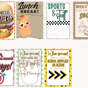 May include: Eight printable gift tags with different designs and text. The tags feature a variety of themes, including food, sports, and school supplies. The text on the tags includes phrases like "Midnight Snacks", "Lunch Break", "Sports & Stuff", "When it's cold and you want soup", "When you need things", "When you need help with the late nights & early mornings", "When you need some new school supplies or decor! (or anything!)"