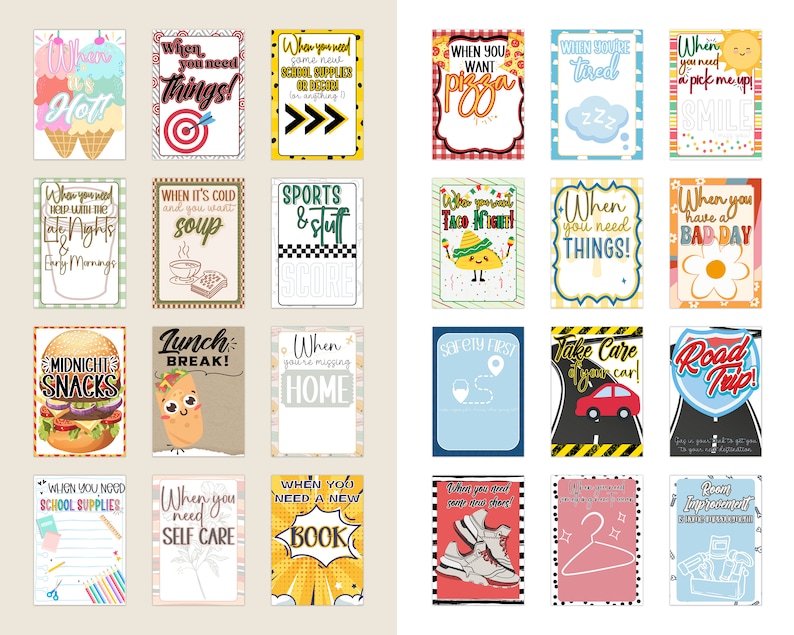 May include: A set of 16 printable cards with colorful backgrounds and illustrations. Each card features a different scenario and the text "When you need..." followed by a specific need, such as "things!" or "a pick me up!"