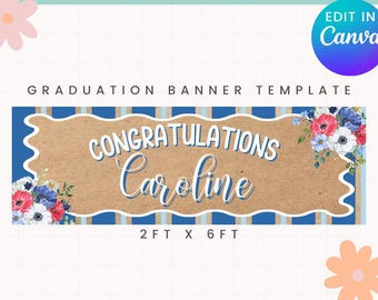 Plantilla editable de pancarta de graduación, pancarta floral, decoración para fiesta de graduación, pancarta floral de graduación, pancarta para baby shower y letrero de cumpleaños.