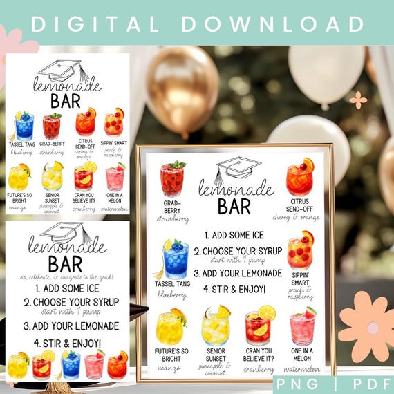 Graduation Party Lemonade Bar Menu | Lemonade Bar Sign Printable | Lemonade bar Mocktail Print | Grad Party Drink Station PNG PDF