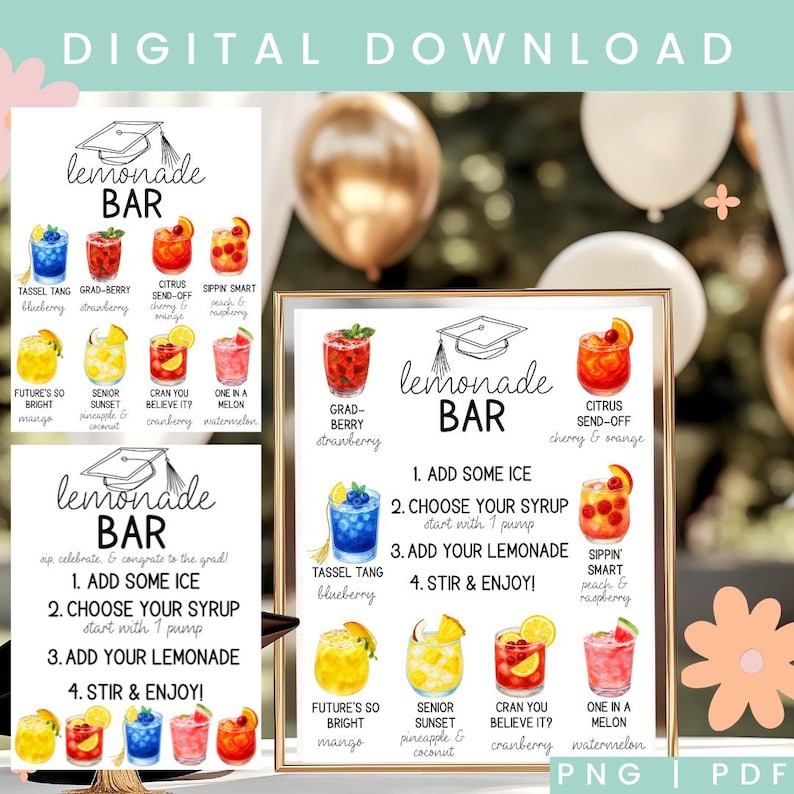 May include: A framed digital print featuring a "Lemonade Bar" theme, perfect for graduation celebrations. The design includes illustrations of various lemonade flavors like "Tassel Tang Blueberry" and "Sippin' Smart Peach & Raspberry". The print also provides instructions for making lemonade.