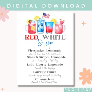 4th of July Lemonade Bar Menu | Patriotic Lemonade Sign Printable | Red White and Sip Drink Menu for Independence Day Party | Lemonade Menu