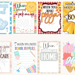 May include: Eight printable cards with colorful backgrounds and text. The cards feature phrases like "When you're tired", "When you need a pick me up!" and "When you want pizza".
