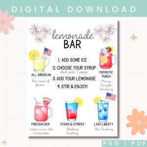 4th of July Lemonade Bar Menu | Patriotic Lemonade Sign Printable | Red White and Sip Drink Menu for Independence Day Party | Lemonade Menu