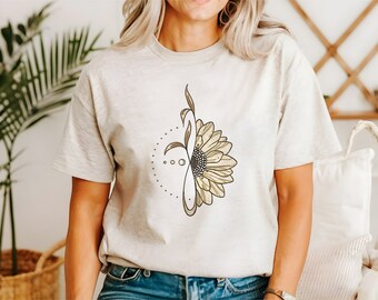 Maglietta girasole, camicia lunare floreale, sole e luna, maglietta con fasi lunari dorate, camicia a fiori Boho
