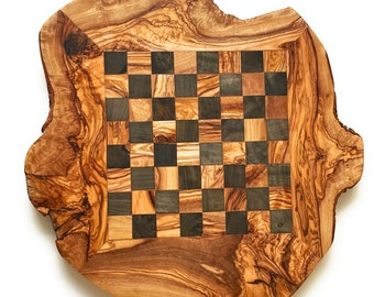 Jeu d'échecs rustique, avec pièces d'échecs | Surface totale 30-35x30-35 cm | Surface de jeu 20x20 cm | Bois d'olivier | Fait main | Cadeau