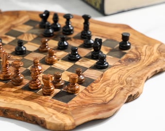 Juego de ajedrez rústico de madera de olivo hecho a mano | Regalo de cumpleaños o Navidad