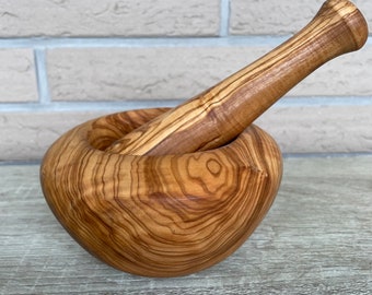 Mortier et Pilon en bois d'olivier | 14 cm | Cadeau mariage, anniversaire original | mortier à épices, herbes