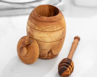 Olive wood honey pot with ladle, Honey container | Natural wood | Honey pot | Honey ladle | Unique wedding gift