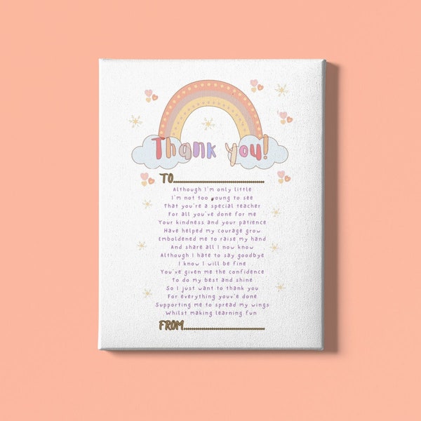 Digital Download Rainbow Thank You Teacher Appreciation Personalise Poem Special Teacher Gift Wall Art Print Leaving Gift Child Fills In