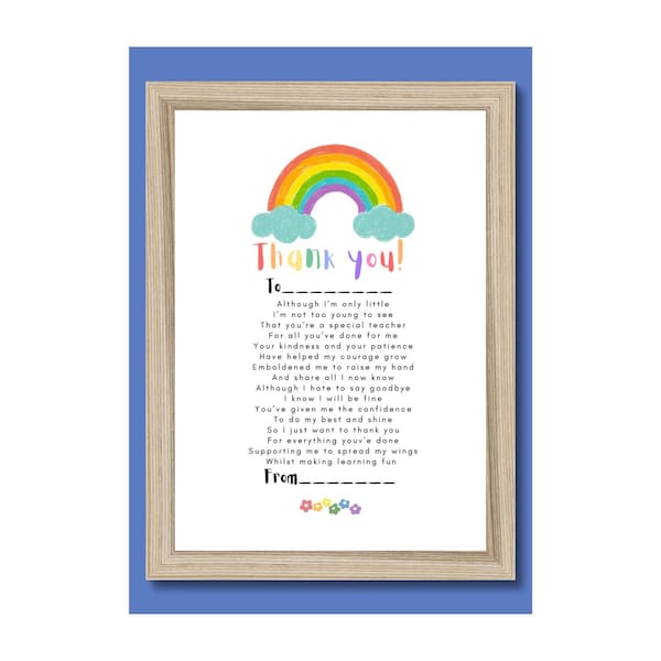 Digital Download Rainbow Thank You Teacher Appreciation Personalise Poem Special Teacher Gift Wall Art Print Leaving Gift Child Fills In