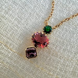 18k Gold Three Stone necklace | Luxury Necklace | Multi Color Necklace | 18k Gold Natural Tourmaline, Emerald, Sapphire | Push Present
