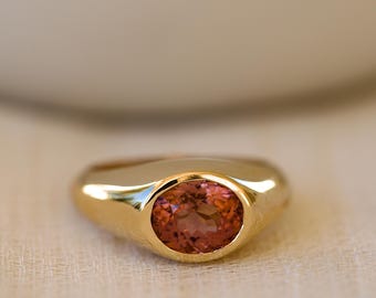 18K Pink Tourmaline ring | Gemstone Signet Ring | Gold Chunky Ring | October birthstone