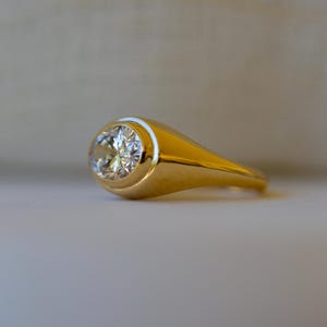 18K Oval Lab Diamond Ring, in a Signet Ring style featuring a bezel set 2ct Oval Lab Diamond | Ella Creations Jewelry