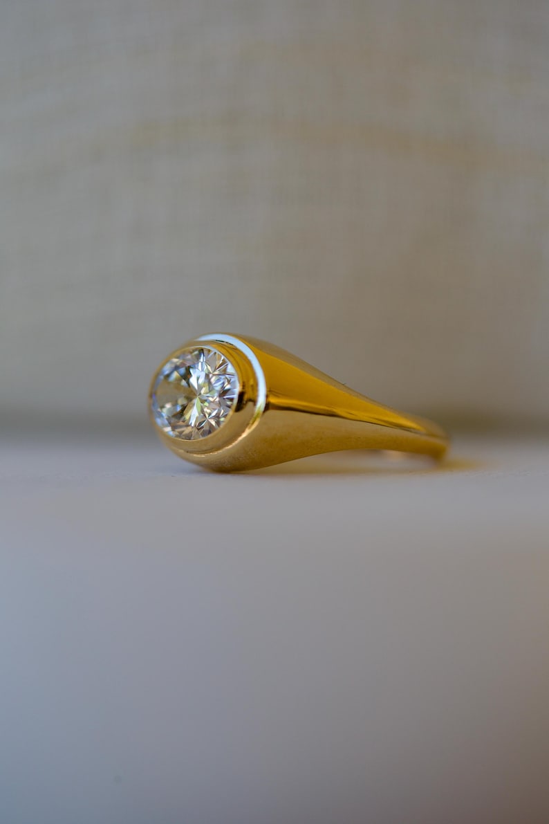 18K Oval Lab Diamond Ring, in a Signet Ring style featuring a bezel set 2ct Oval Lab Diamond | Ella Creations Jewelry