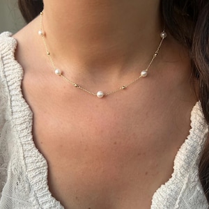 Pearl station Necklace | Pearl choker | 18k Gold chain with gold beads and freshwater Pearls | Ella Creations Jewelry