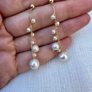18k Cluster Pearl Earrings | Bride Pearl Earrings | Pearls dangling earrings | Drop Pearls Earrings | Long Pearl Earrins