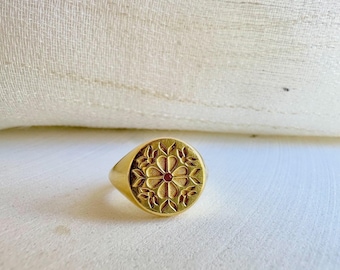 Gold Pinky ring | Tatreez Pinky Ring | 18k Gold Signet Ring | customizable center stone: Ruby, Tsavorite, black diamond & white diamond