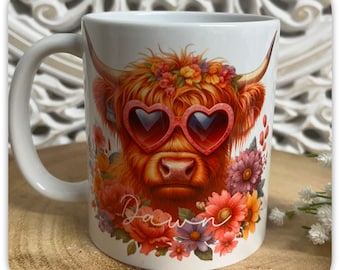 Personalised Highland Cow Mug, Custom Name 11oz Ceramic Coffee Mug, Cute Cow Gift, Floral Highland Cow Cup, Matching Coaster Available