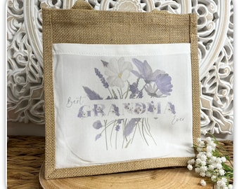 Personalised Grandma Jute Bag, Best Grandma Ever Tote Bag, Floral Jute Shopping Bag, Mother's Day Gift, Custom Gift Bag 25x25cm