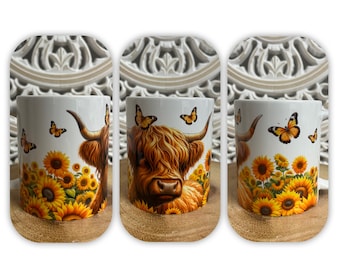 Personalised Highland Cow and Sunflowers 11oz Ceramic Mug