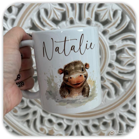 Personalised Hippo Mug | Custom Name Mug | Cute Hippo Coffee Cup | Animal Lover Gift | 11oz Ceramic Mug | Safari Animal Mug | Custom Cup