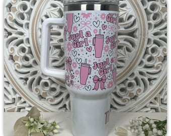 Personalised 40oz Tumbler with Handle | Custom Name Insulated Cup with Straw & Lid | Pink Aesthetic Just a Girl Design | Gift for Her