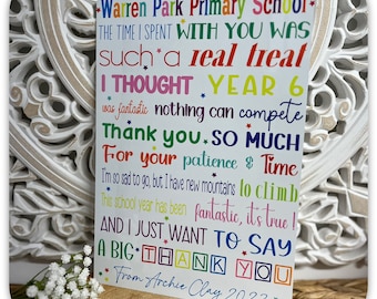 Personalised Teacher Thank You Print A5 A4 Aluminium | Custom School Leavers Gift | End of Year Teacher Gift | Name & School Print