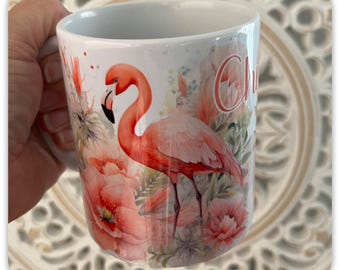 Personalised Flamingo Mug, Custom Name Flamingo Coffee Cup, Pink Floral Mug Gift, 11oz Ceramic Mug, Tropical Bird Tea Cup