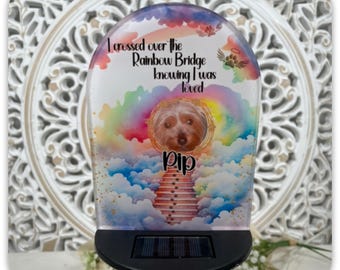 Personalised Pet Memorial Solar Light | Rainbow Bridge Photo Memorial | Custom Dog or Cat Remembrance Gift | Colour Changing LED Light