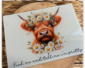 Personalised Highland Cow Glass Chopping Board, Custom Kitchen Board, Funny Cow Glass Cutting Board, A4 or A3 Kitchen Gift