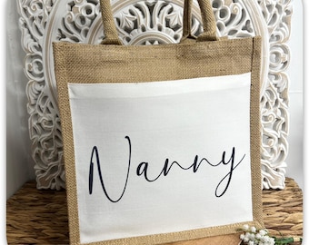 Personalised Jute Tote Bag, Custom Name Shopping Bag, Personalised Gift Bag, Reusable Jute Bag with Front Pocket, 25x25cm