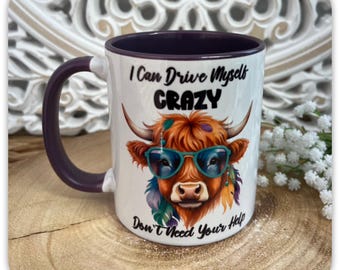 Highland Cow Mug, Funny Quote, Personalised Coffee Cup, Coloured Handle Gift