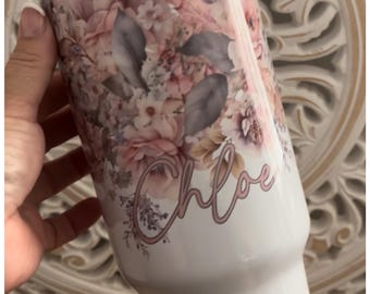 Personalised Floral 40oz Tumbler with Handle | Custom Name Travel Mug