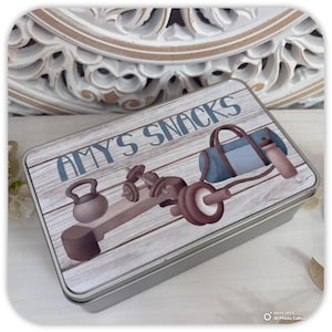 Personalised Gym Snack Tin, Custom Fitness Storage Tin, Gym Gift Box, Protein Snack Tin, White or Silver Metal Tin, Workout Gift