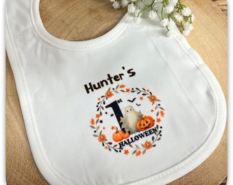 Personalised Baby First Halloween Bib, My 1st Halloween Bib, Pumpkin Ghost Baby Bib, Custom Name Halloween Gift, Baby Boy Girl