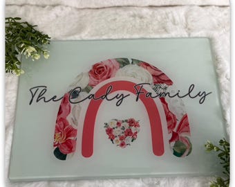 Personalised Floral Rainbow Glass Chopping Board | Custom Family Name Kitchen Board | Toughened Glass Kitchen Gift