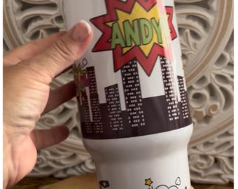 Personalised Superhero Tumbler | Custom Name Comic Travel Mug with Handle