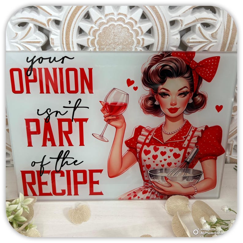 Vintage Glass Chopping Board, 1950s Housewife Kitchen Quote Decor image 2
