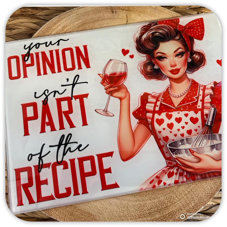 May include: A white cutting board with a red and black graphic that says "Your opinion isn't part of the recipe". A cartoon woman in a red dress and apron is holding a glass of red wine and a mixing bowl.