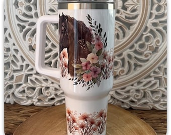 Personalised Horse Tumbler 40oz with Handle | Floral Horse Travel Mug | Custom Name Insulated Cup with Lid & Straw | Horse Lover Gift