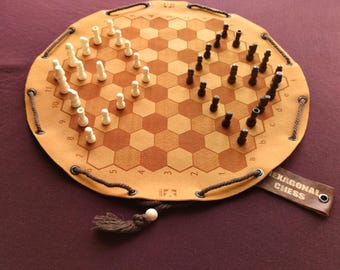 Hexagonal Chess Historical Board Game in Faux Leather Pouch