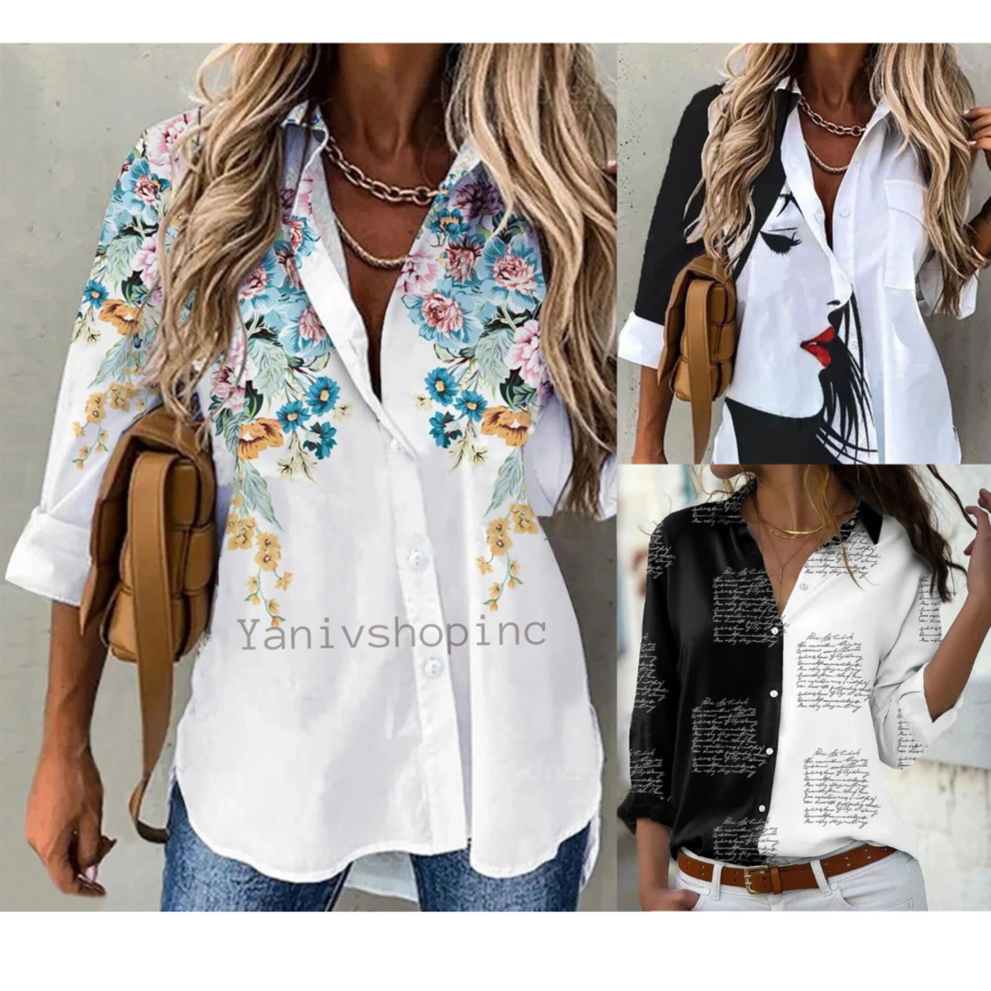 Letter Printed Long Sleeved Blouse Top-buttoned Shirt Top-button Down ...