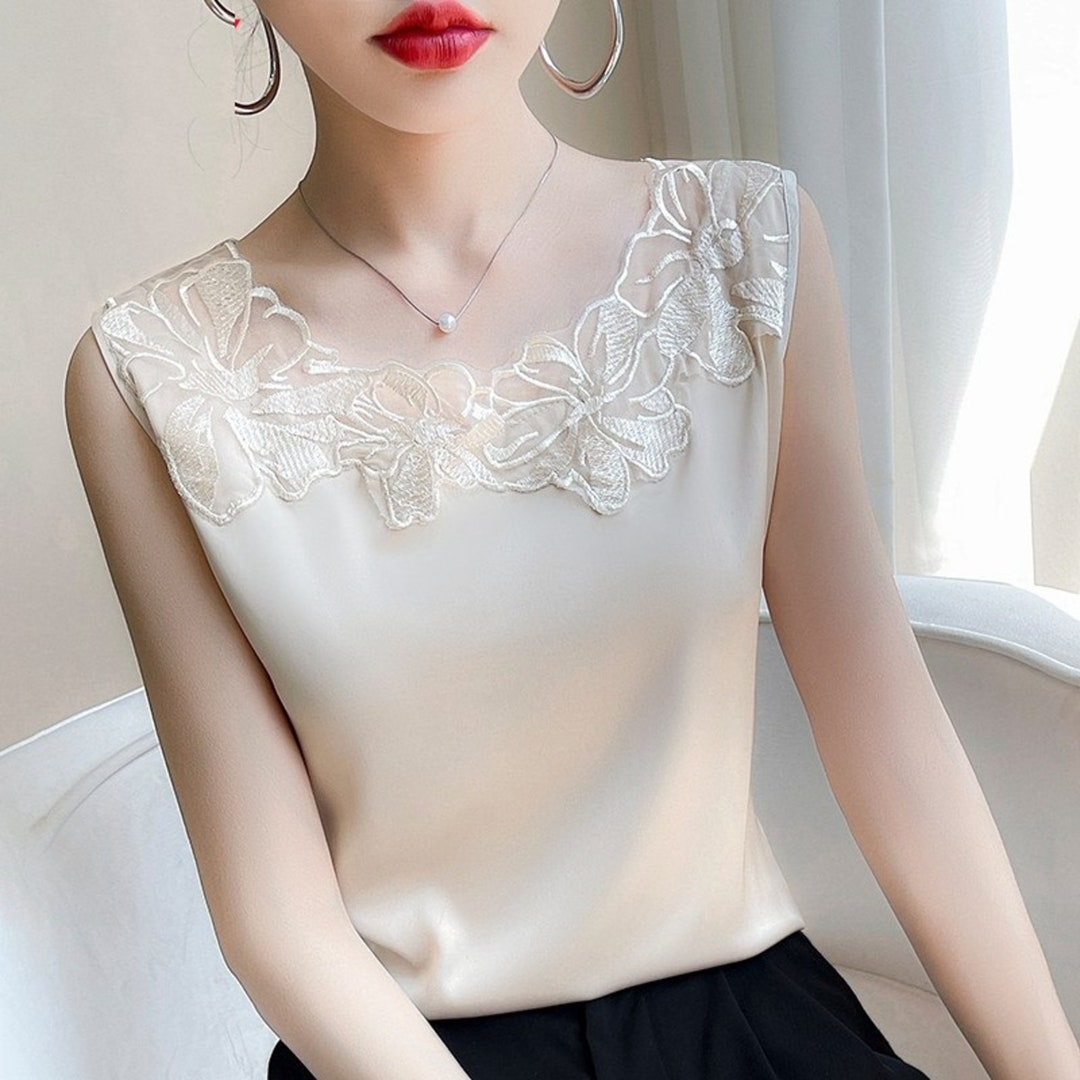 Lace O-neck Silk Blouse for Women Satin Bottoming Shirt Summer Vest ...